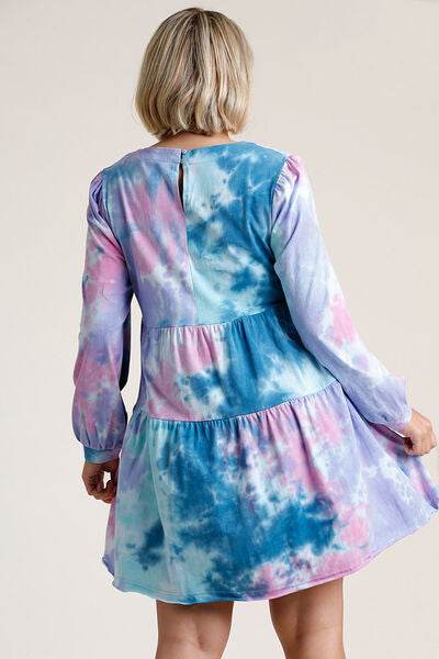 Umgee Tie Dye Round Neck Long Sleeve Babydoll Tiered Dress Plus Size - us.meeeshop