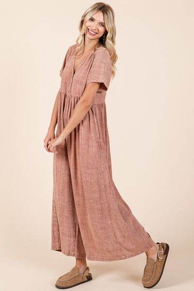 Mittoshop Mineral Wash Short Sleeve Flowy Wide Leg Jumpsuit - us.meeeshop