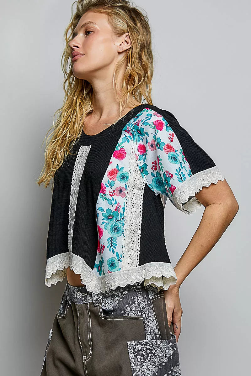 pol round neck Pol Round Neck Ribbed Cropped Top with Lace Detail view 3 (top) - shop at us.meeeshop