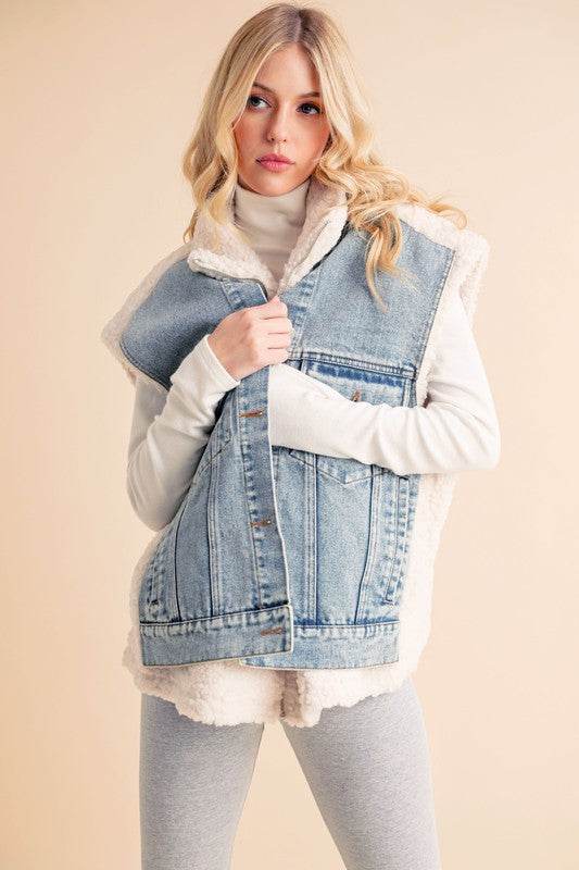 Aemi + Co Fake Two Pieces Denim Patch Sherpa Vest Coat - us.meeeshop