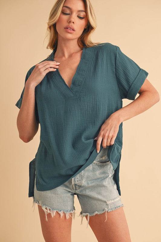 Aemi + Co Side Slit V-Neck Short Sleeve Blouse - us.meeeshop