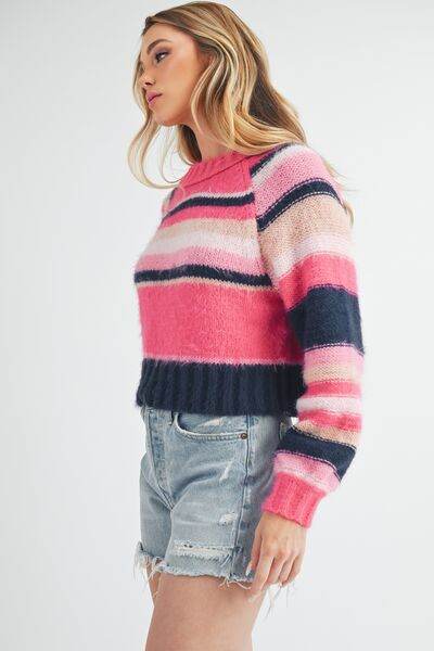 Aemi + Co Striped Ribbed Neckline Raglan Sleeve Sweater - us.meeeshop