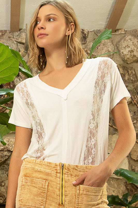 POL Inset Lace Outseam Detail Short Sleeve V-Neck T-Shirt | us.meeeshop
