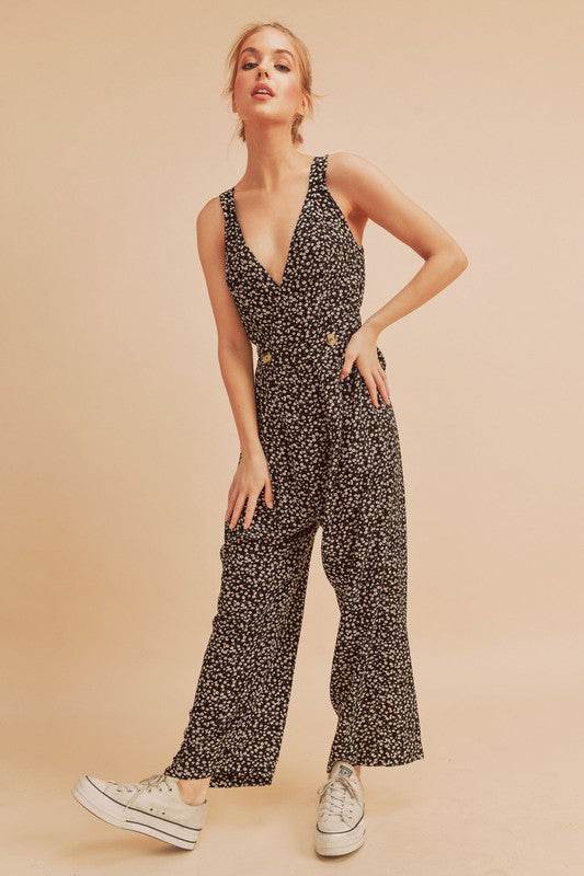 Aemi + Co Ditsy Floral Surplice Sleeveless Wide Leg Jumpsuit - us.meeeshop