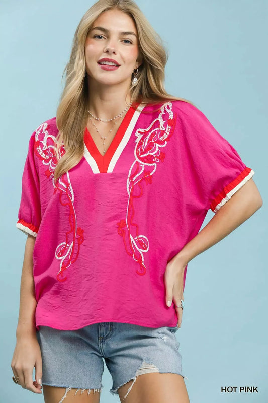 Umgee Embroidered Floral V-Neck Short Sleeve Blouse with Contrast Trim (women's shorts) view 2 - shop at us.meeeshop