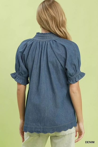 umgee chambray puff Umgee Chambray Puff Sleeve Scallop Hem Blouse view 3 (top) - shop at us.meeeshop