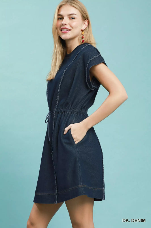 umgee drawstring waist Umgee Drawstring Waist Frayed Denim Mini Dress view 2 (dress) - shop at us.meeeshop