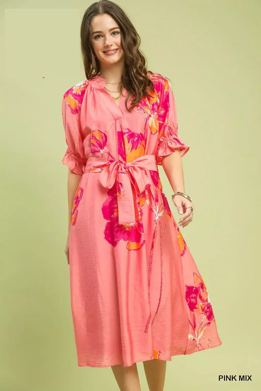 Umgee Floral Flounce Sleeve Midi Dress with Belted (women's dresses) - shop at us.meeeshop