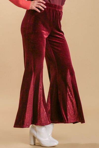 Umgee Sequin Elastic Waist Velvet Stretch Flare Leg Pants Plus Size - us.meeeshop