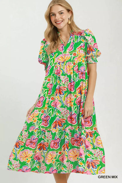 umgee floral print Umgee Floral Print Puff Sleeve Tiered Midi Dress GREEN MIX (dress) - shop at us.meeeshop