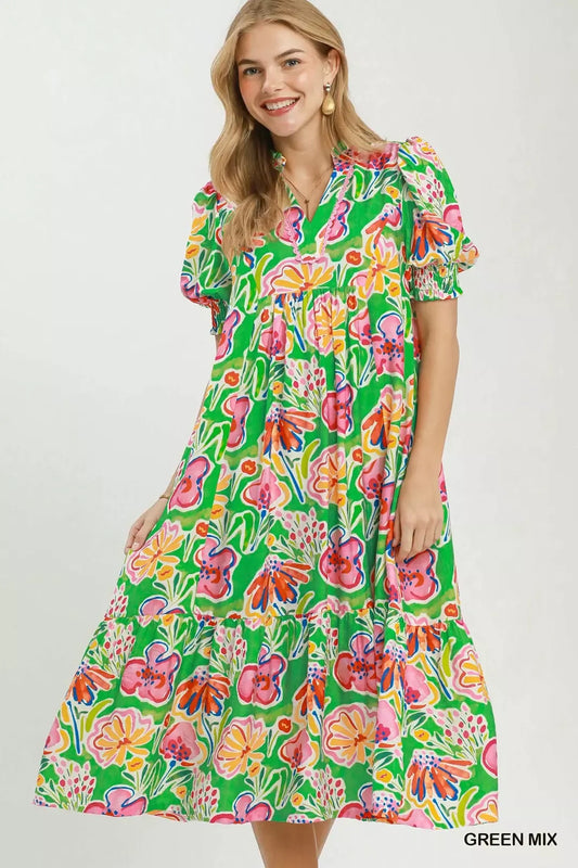 umgee floral print Umgee Floral Print Puff Sleeve Tiered Midi Dress GREEN MIX (dress) - shop at us.meeeshop