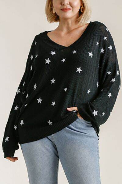 Umgee Star V-Neck Long Sleeve Sweater Plus Size - us.meeeshop