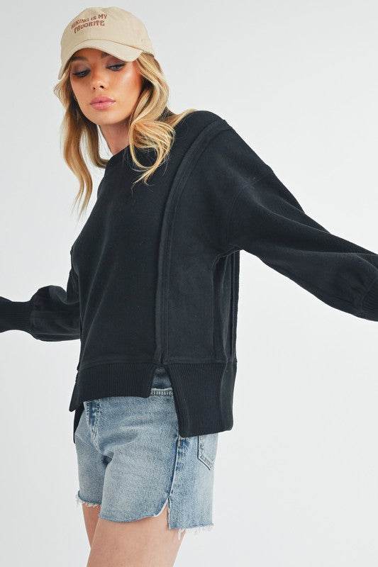 Aemi + Co Exposed Seam High-Low Round Neck Sherpa Top - us.meeeshop