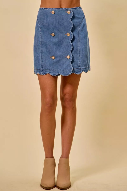 SO ME Denim Scalloped Buttoned Front Skirt (women's skirts) view 2 - shop at us.meeeshop