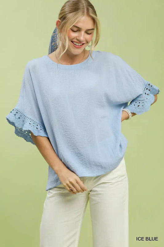 Umgee Crochet Trim Flutter Sleeve Top (women's shirts & tops) - shop at us.meeeshop