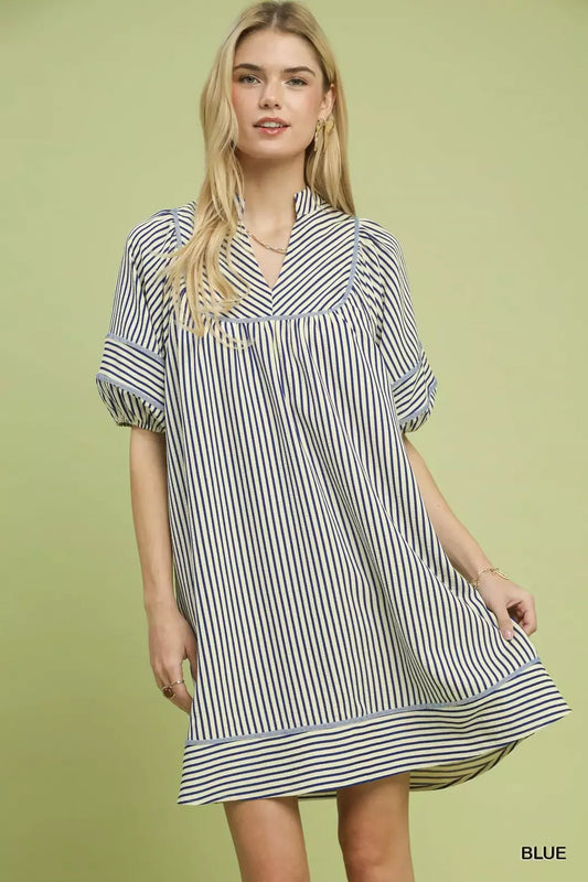 Umgee Striped Puff Sleeve Shift Dress (women's dresses) - shop at us.meeeshop