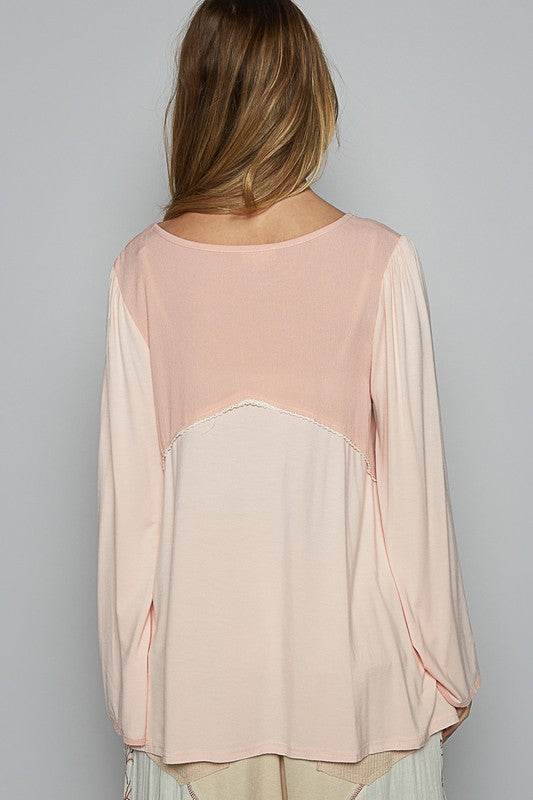 POL Contrast Button Front Long Sleeve Knit Top in Apricot - us.meeeshop