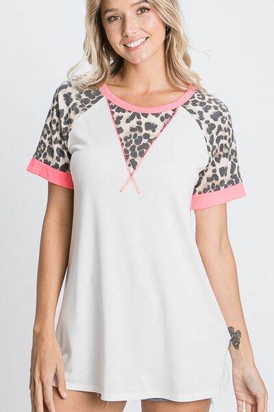 HeimishFull Size Leopard Round Neck Short Sleeve T-Shirt with Stitch Plus Size - us.meeeshop