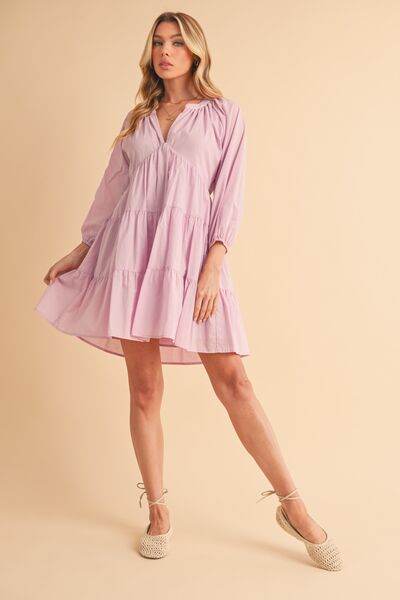 Aemi + Co Notched Balloon Sleeve Tiered Mini Dress - us.meeeshop