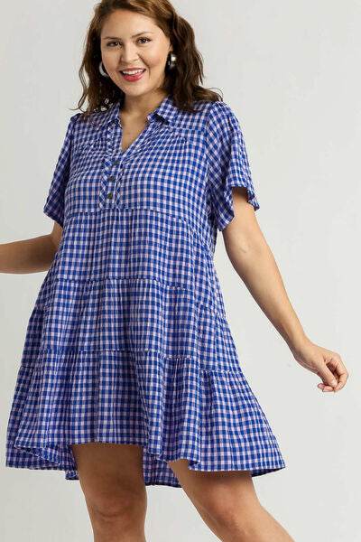 Umgee Gingham Tiered Button Detail Short Sleeve Dress Plus Size - us.meeeshop