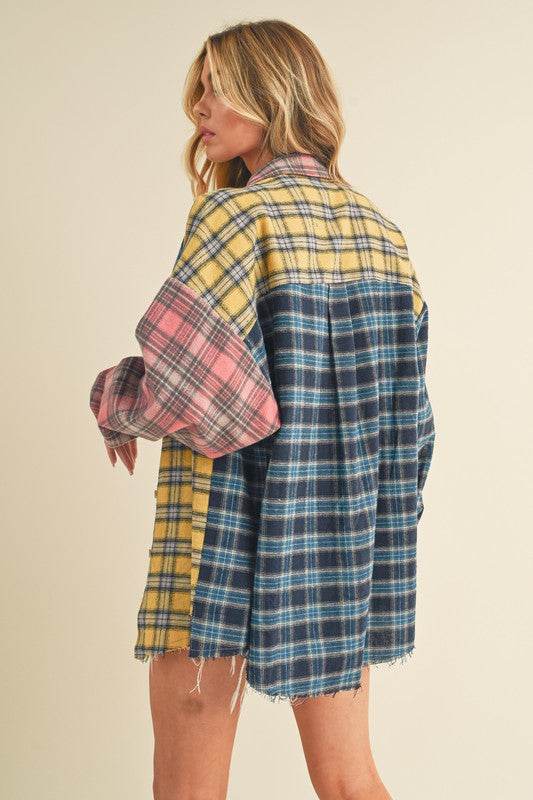 Aemi + Co Frayed Hem Color Block Plaid Drop Shoulder Shirt - us.meeeshop