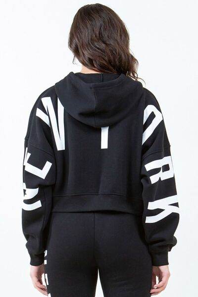 American Bazi Letter Graphic Long Sleeve Drawstring Cropped Hoodie - us.meeeshop