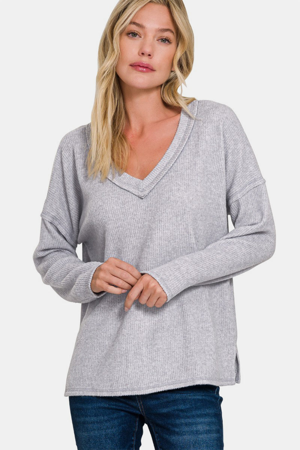 Zenana Full Size Ribbed V-Neck Drop Shoulder Top In Grey