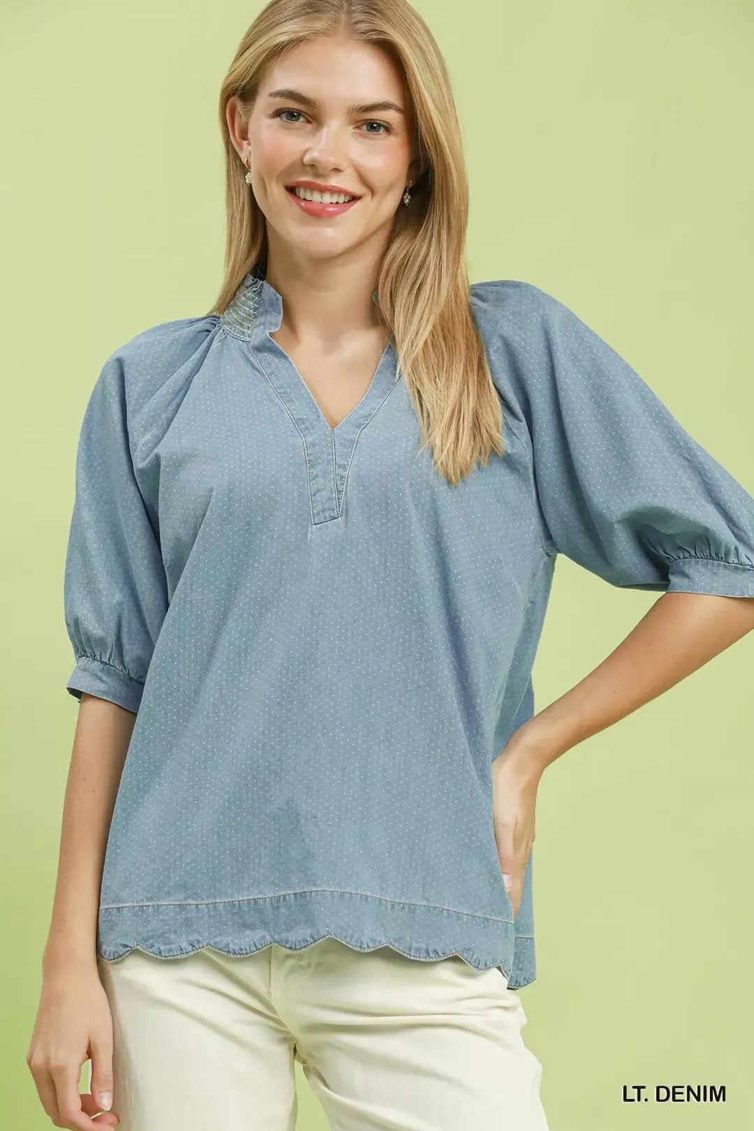 umgee textured puff Umgee Textured Puff Sleeve Scallop Hem Blouse LT. DENIM (top) - shop at us.meeeshop