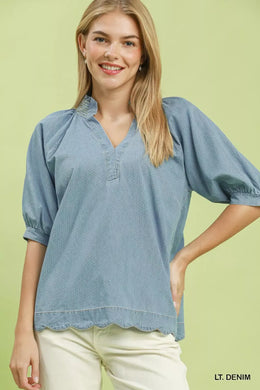 Umgee Textured Puff Sleeve Scallop Hem Blouse