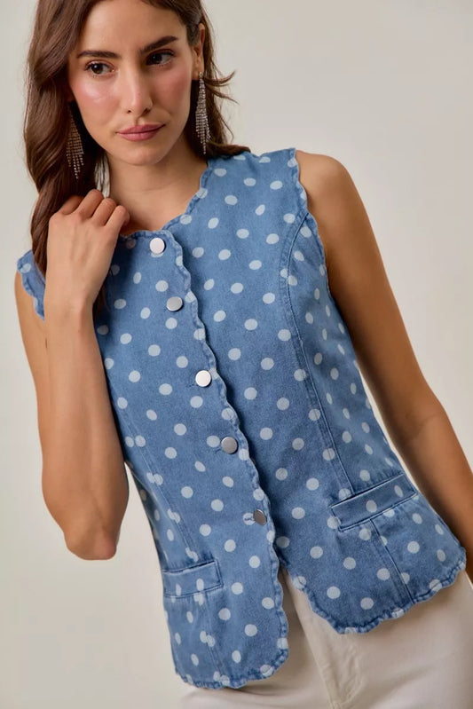 So Me Polka Dot Denim Scallop Edge Button Down Vest Top DENIM View 2 - Women's Top | MeeeShop