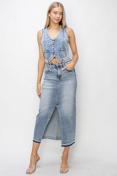 RISEN Button Down Crop Denim Vest - us.meeeshop