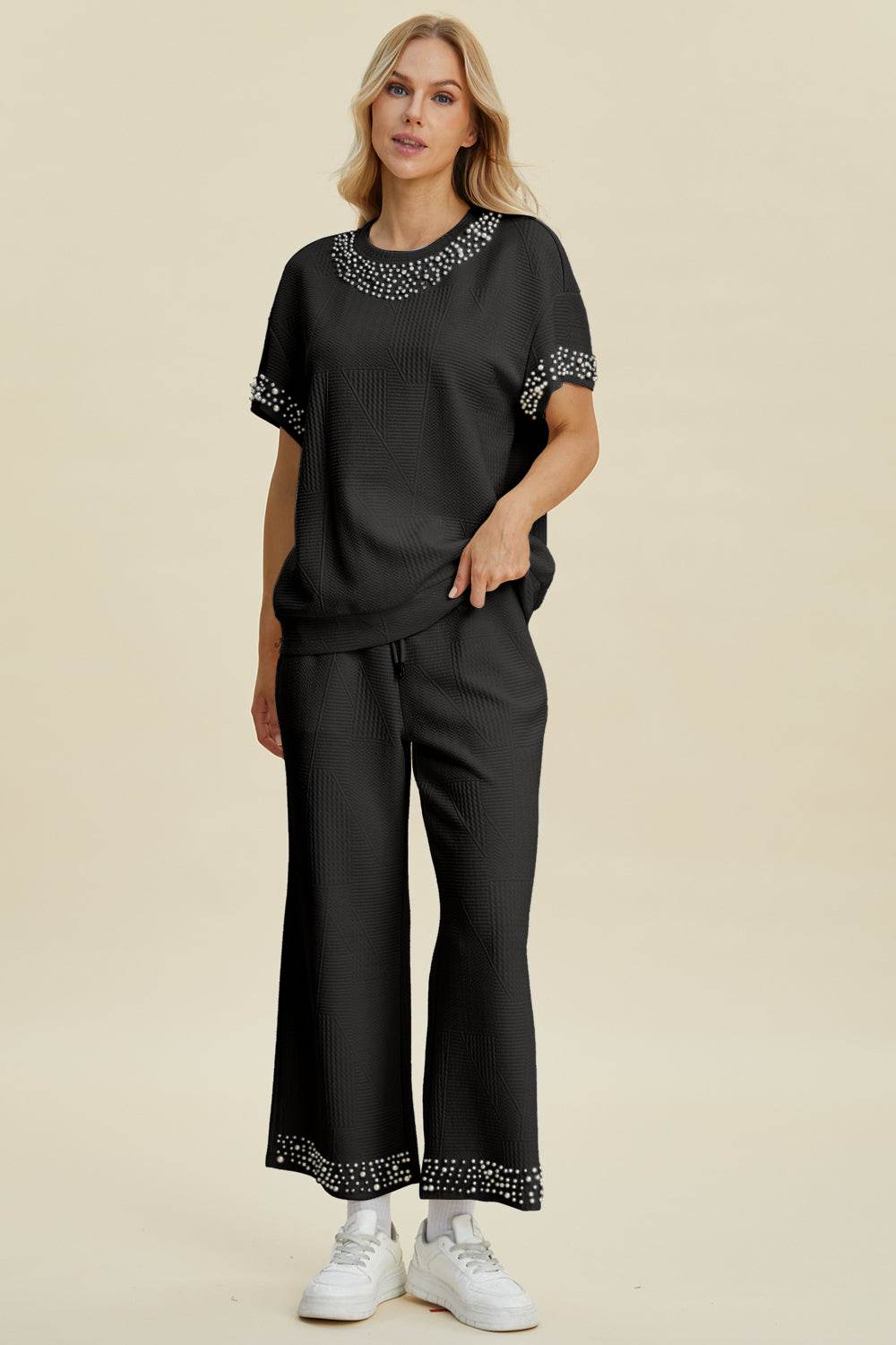 Double Take Full Size Pearl Detail Round Neck Top and Pants Set - us.meeeshop