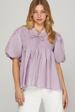 She + Sky Smocked Front Puff Sleeve Woven Blouse