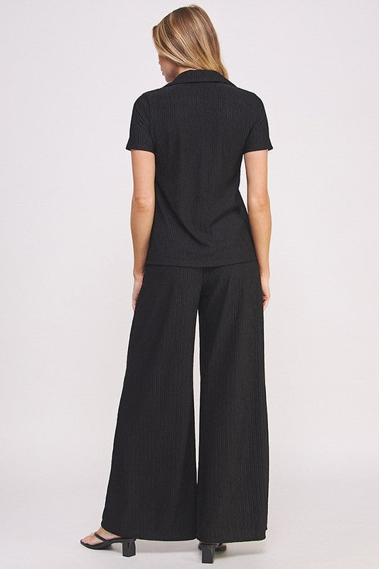 Textured Short Slv Button Down/wide Leg Pants Set (women's outfit sets) view 13 - shop at us.meeeshop
