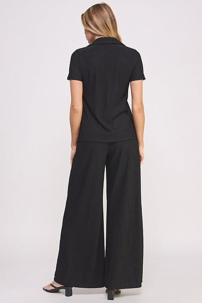 Textured Short Slv Button Down/wide Leg Pants Set (women's outfit sets) view 13 - shop at us.meeeshop