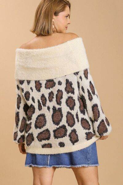 Umgee Leopard Off-Shoulder Long Sleeve Sweater Plus Size - us.meeeshop