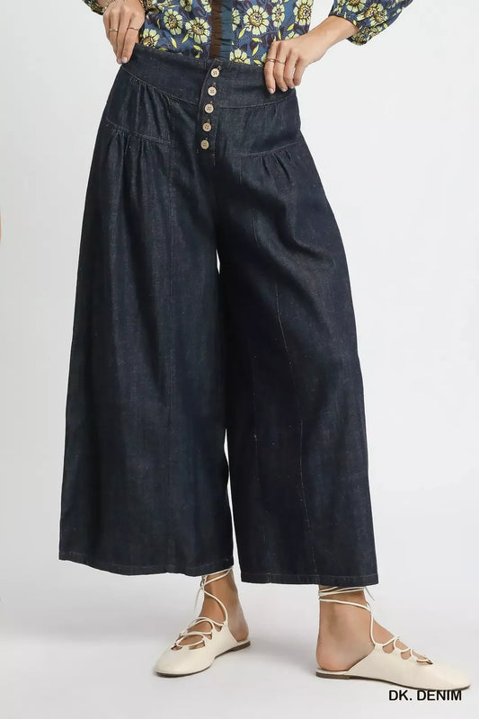 umgee stone washed Umgee Stone Washed Wide-leg Button-front Culottes DK. DENIM (piece) - shop at us.meeeshop