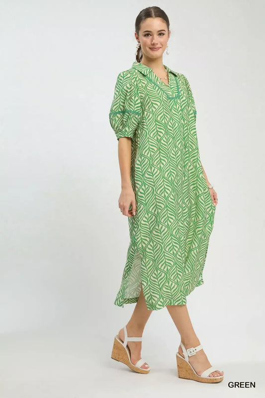 Umgee Printed Puff Sleeve Midi Dress with Pockets (women's dresses) view 2 - shop at us.meeeshop