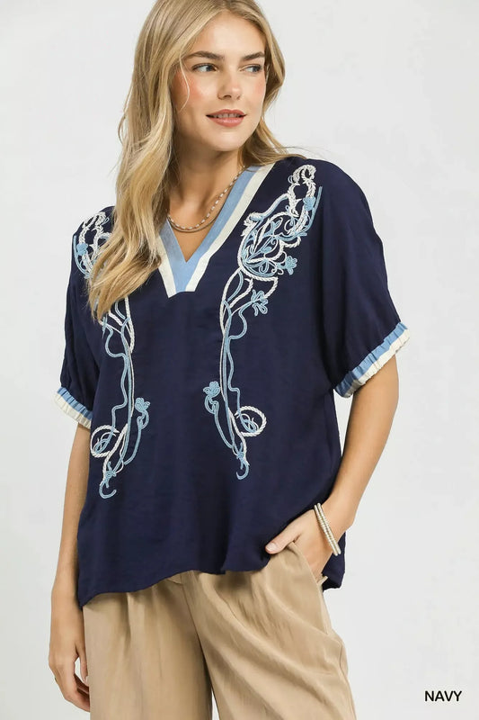 Umgee Embroidered Floral V-Neck Short Sleeve Blouse with Contrast Trim (women's shorts) - shop at us.meeeshop