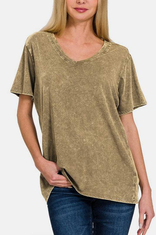 Zenana Washed Short Sleeve V-Neck T-Shirt | us.meeeshop