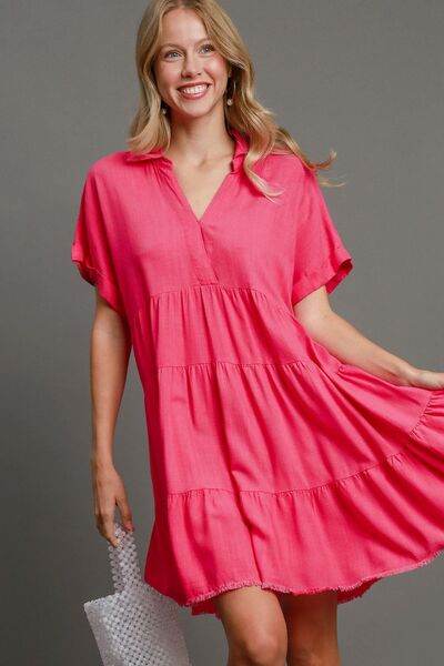 Umgee Raw Hem Folded Sleeve Tiered Dress Plus Size - us.meeeshop