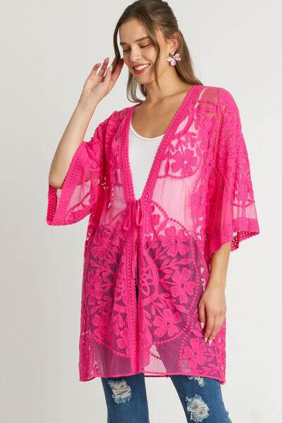 Umgee Floral Lace Open Front Kimono Sleevee Cover Up with Waist Tie Plus Size - us.meeeshop