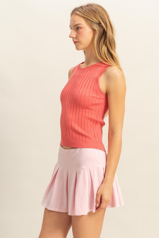 HYFVE Stretchy Ribbed Round Neck Sweater Tank in Coral - us.meeeshop