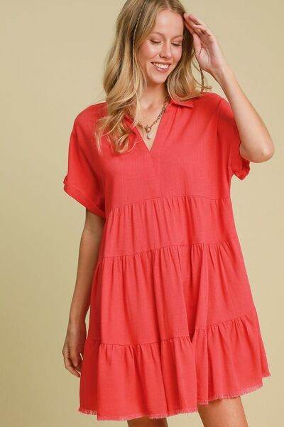 Umgee Raw Hem Folded Sleeve Tiered Dress Plus Size - us.meeeshop