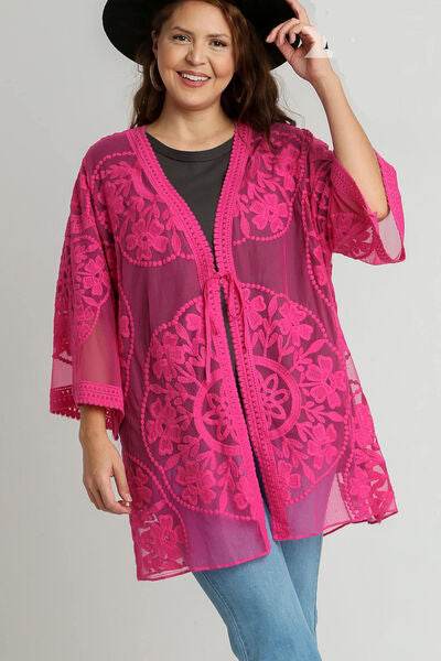 Umgee Floral Lace Open Front Kimono Sleevee Cover Up with Waist Tie Plus Size - us.meeeshop