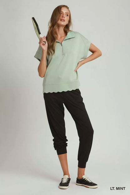 umgee half zip Umgee Half Zip Pullover with Scalloped Edge Hem view 5 (layer) - shop at us.meeeshop