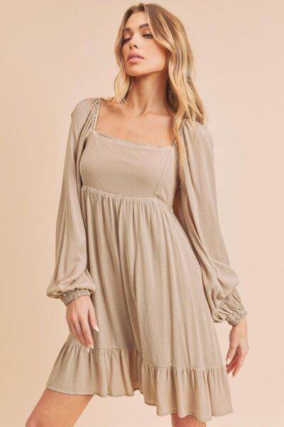 Aemi + Co Ruffled Hem Square Neck Balloon Sleeve Mini Dress - us.meeeshop