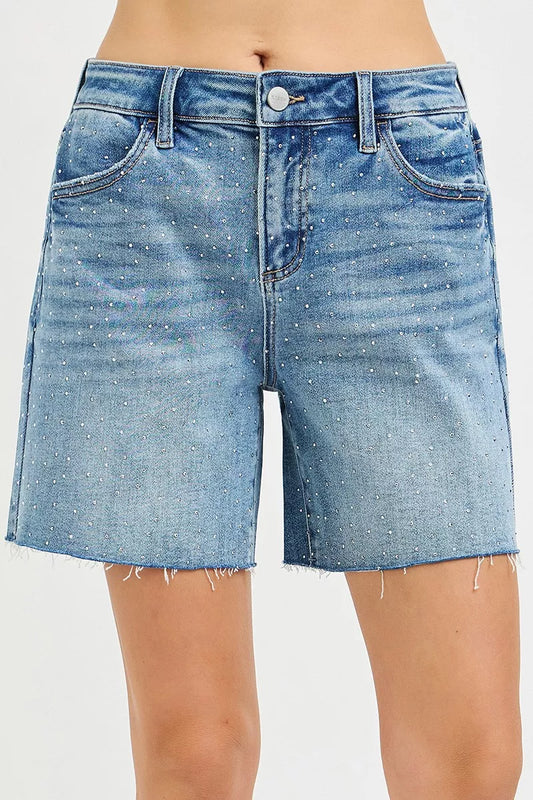 risen slouchy mid RISEN Slouchy Mid Length All over Rhinestones Shorts MEDIUM (bottom) - shop at us.meeeshop