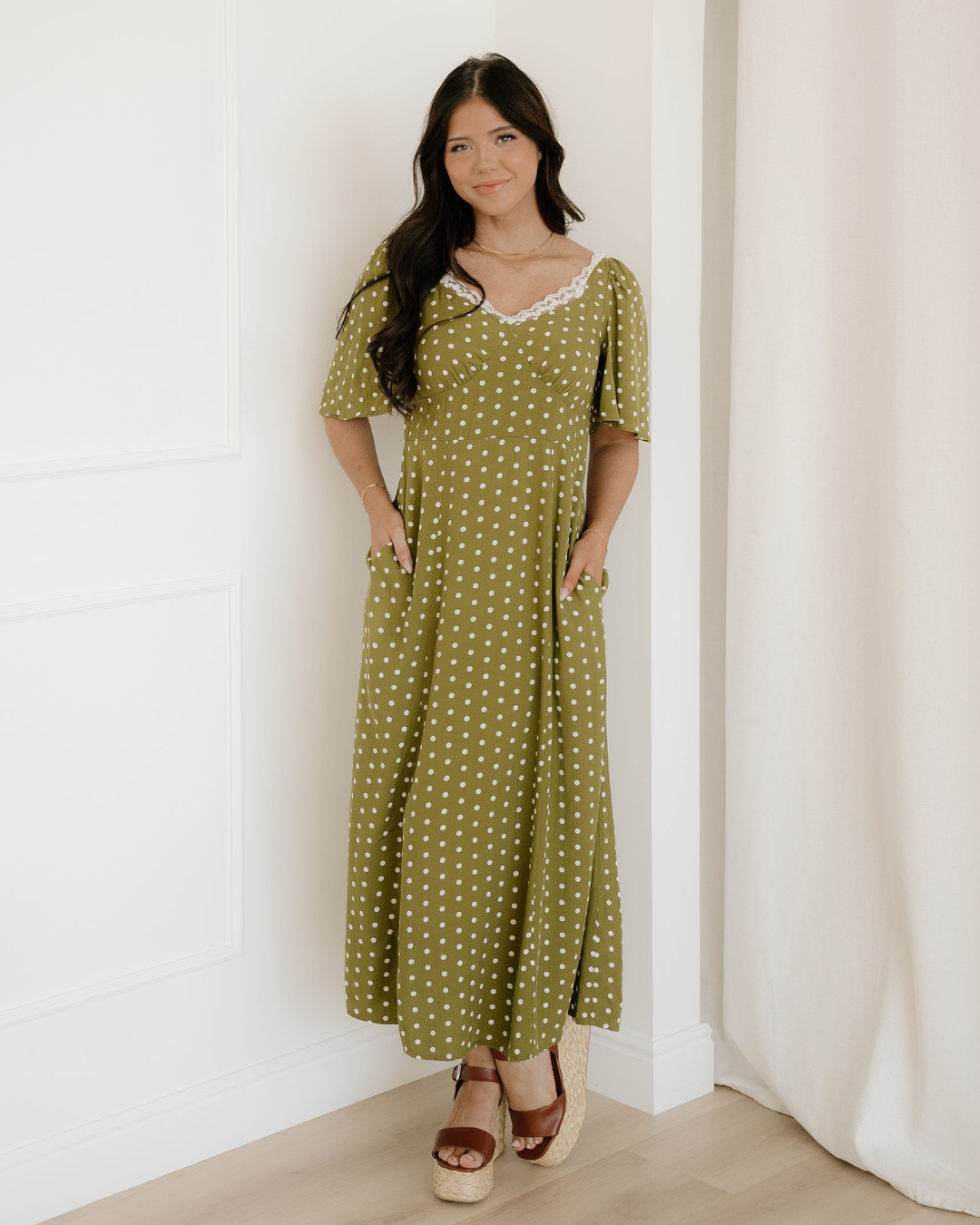 maleah polka dot Maleah Polka Dot Print Lacy Neckline Smocked High Waist Maxi Dress view 5 (dress) - shop at us.meeeshop