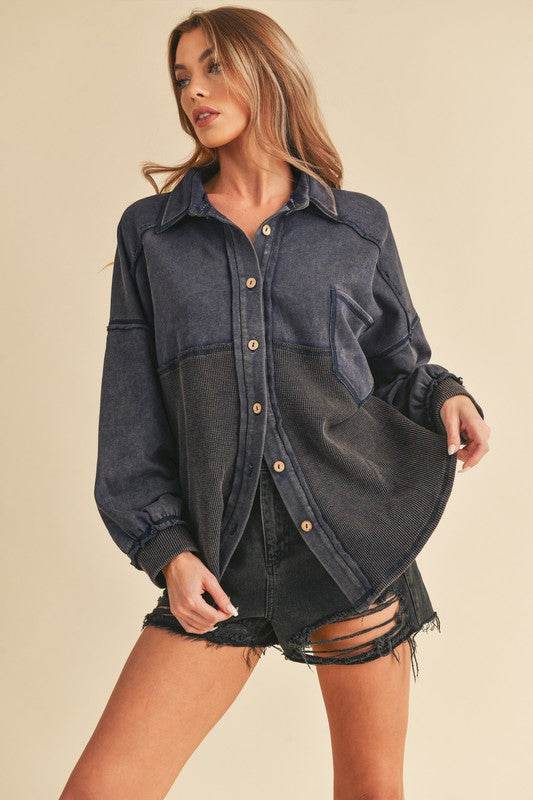 Aemi + Co Acid Washed Exposed Seam Button Up Jacket in Indigo - us.meeeshop